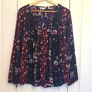 Cafe Marrakesh Boho Hippie Floral CottageCore Flowy Rayon Peasant Blouse Size L